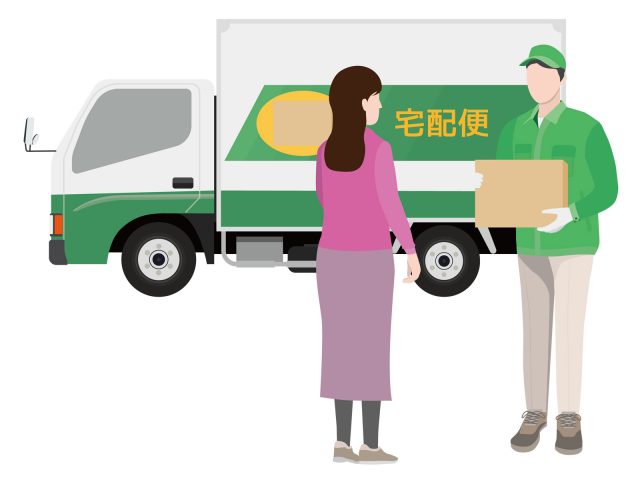 宅配車の前で宅配者が荷受人に荷物を届けているイラスト