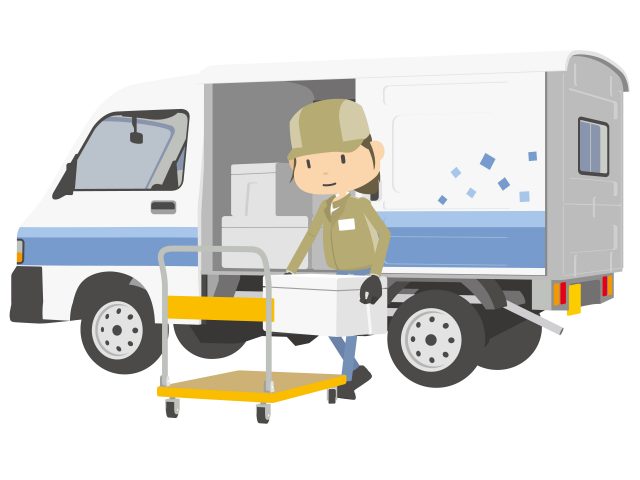 クール便の冷凍車から荷物を降ろしている配達員のイラスト